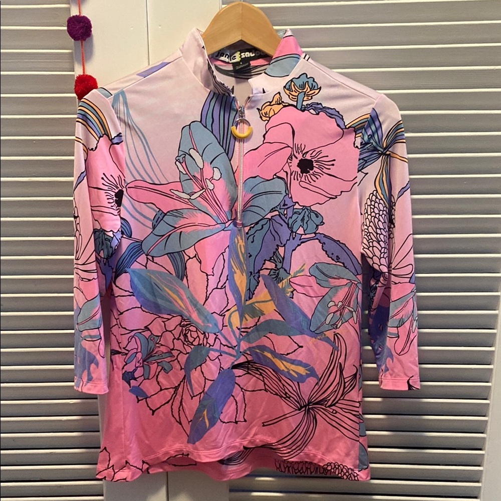 Jamie Sodock Golf Pink and Blue Sweater Botanical Design